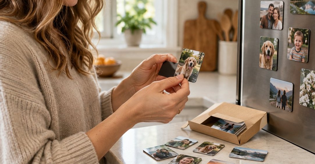 Woman unpacking custom photo magnets from a gift box at home