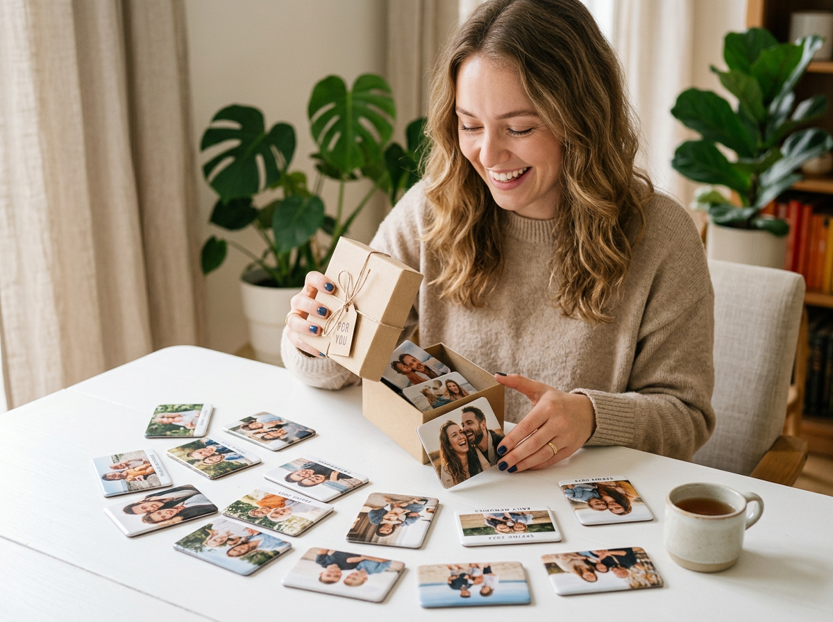 Woman happily unboxing custom photo magnets