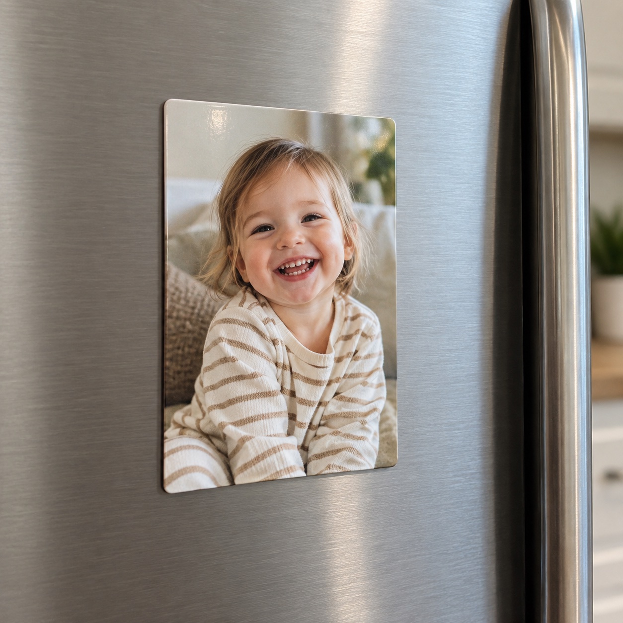 Finished glossy photo magnet on a fridge