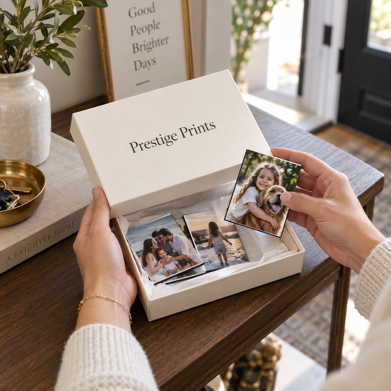 Customer unboxing photo magnets from a Prestige Prints box