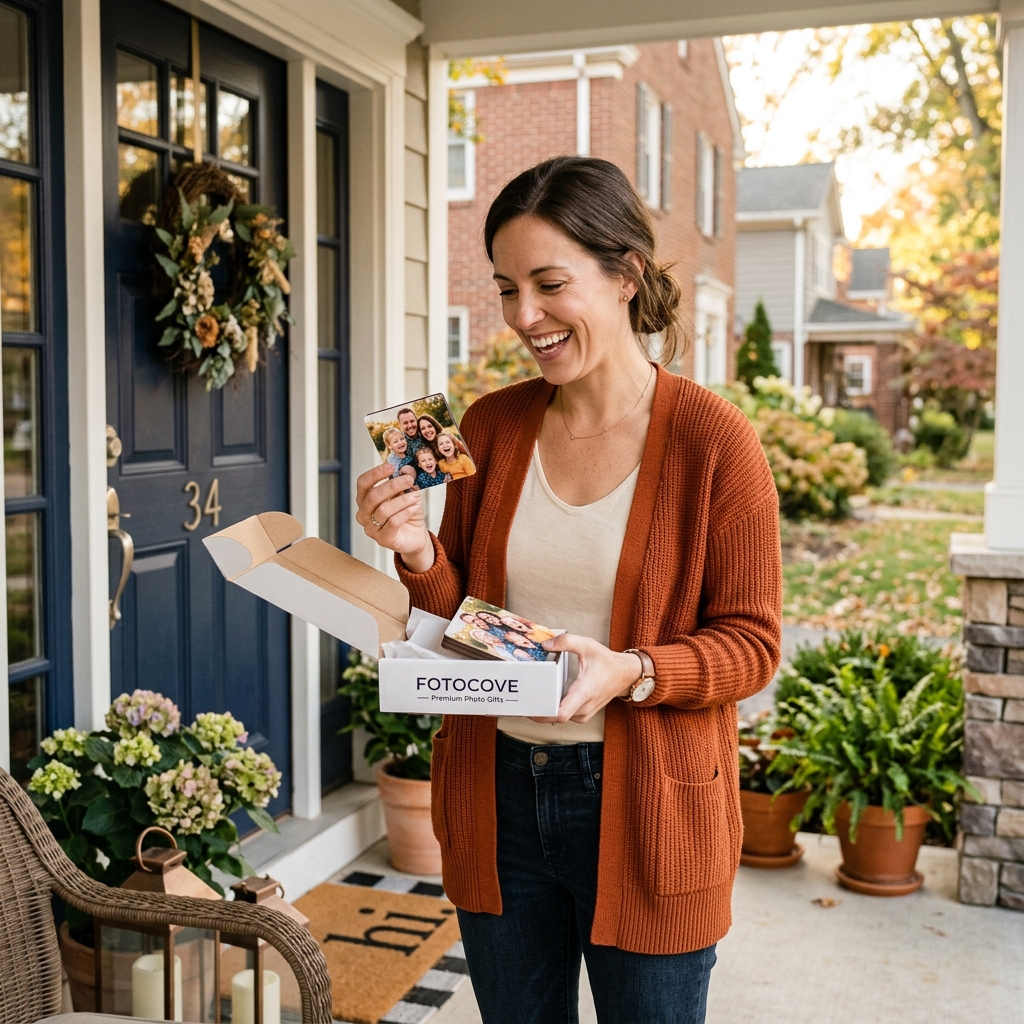 Happy customer opening her package at the door