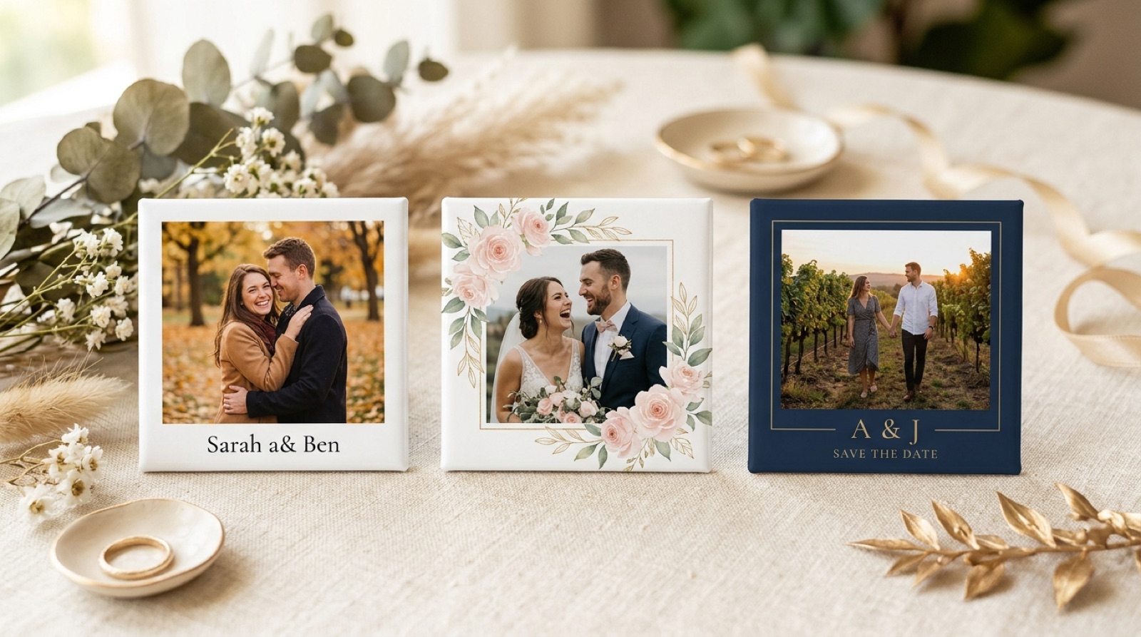 Three personalized wedding photo magnets — a classic white-border engagement magnet, a blush floral-framed magnet, and a navy save-the-date magnet with gold monogram — styled on ivory linen with rings and dried flowers